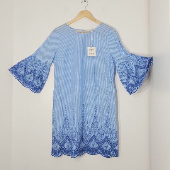 DAVI & DANI 100% Cotton Blue Striped Bell Sleeves Embroidered Shift Dress NEW - Picture 7 of 11